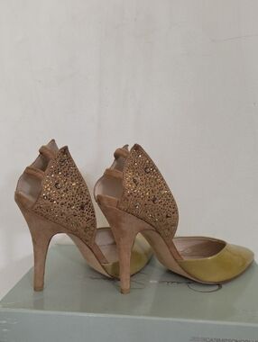 Jessica Simpson Two-Tone Crystal Suede and Patent High Heels - Tan and Olive
